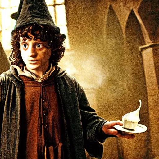 Image similar to frodo baggins wearing the sorting hat, in hogwarts, cinematic