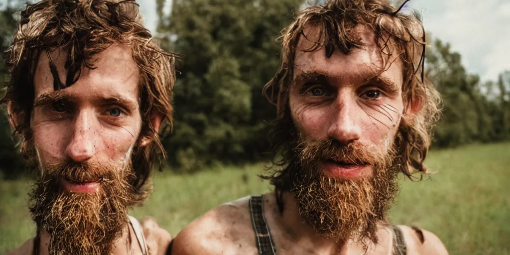 Image similar to extremely skinny malnourished redneck white male with long beard, wearing dirty overalls, dirty greasy face, grin, portrait, close up, kodak gold 2 0 0, 5 0 mm,