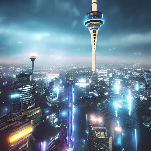 Prompt: auckland sky tower furturistic, dynamic lighting, cinematic composition, cyberpunk, evil, artstation, octane render