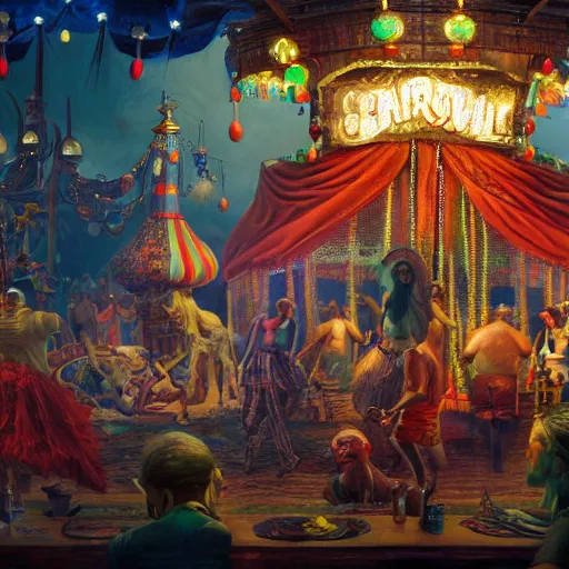 Prompt: A freakshow carnival, hyperrealistic oil painting, super detailed, colorized, 4k, trending on Artstation, D&D, fantasy, raytracing, award winning, art by James C Christensen and Michael Hutter, spectacular lighting, octane rendered