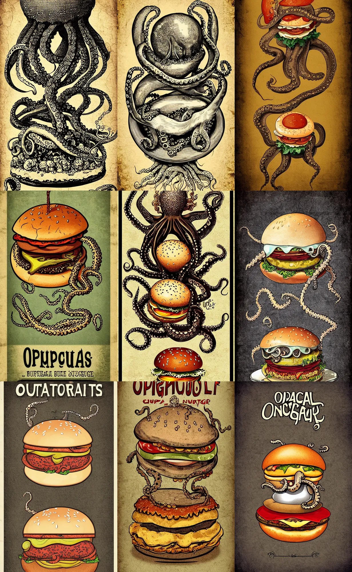 Prompt: digital illustration poster, octopus inside a hamburger, antique vintage style, extremely detailed