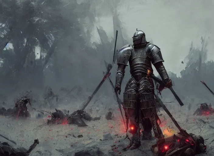 a beautiful wide angle view of an exhausted knight in Stable