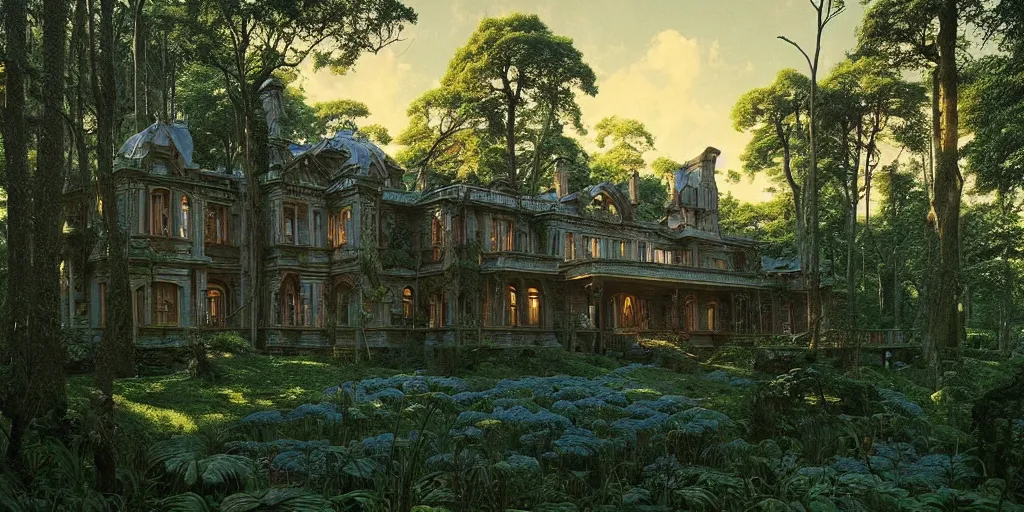 Image similar to hyper realistic mansion in the woods, gorgeous lighting, blue sky, highly detailed, lush forest by zdzisław beksinski and norman rockwell and greg rutkowskiweta studio, and lucasfilm