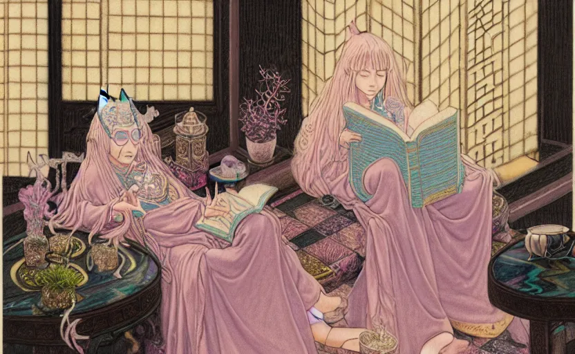 Image similar to a pastel drawing of a woman wizard, ornate clothing, lounging on a purpur pillow on the marbled checkered floor in her study room reading an ancient tome. to the side is a potted plant, moody candlelit raytracing. ancient scifi fantasy setting. detailed face, sharp focus. by chie yoshii and charles vess