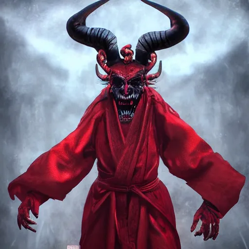 Prompt: demonic emperorin red robe with giant horns creepy smiling. photorealistic, trending on artstation, digital art, extremely detailed, comicpanel, monochromatic, futurism, dan mumofrd, rafael grasetti