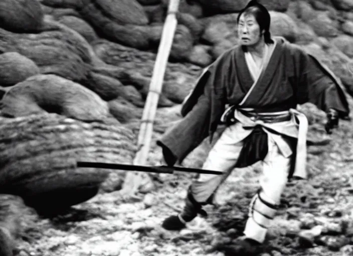 Image similar to a movie still of a samurai slicing through a loaf of bread, a movie by Akira Kurosawa