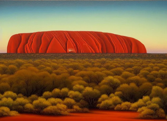 Prompt: uluru, australia in the style of hudson river school of art, oil on canvas