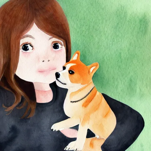 Image similar to a watercolor illustration of a girl with light brown hair, hazel eyes and freckles accompanied by a shiba inu