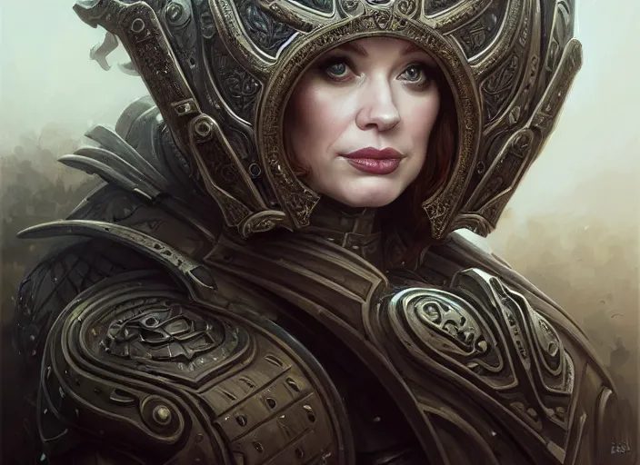 Image similar to wideangle!! portrait shot of christina hendricks wearing mideval armor, intricate, elegant, highly detailed, centered, digital painting, artstation, concept art, smooth, sharp focus, illustration, artgerm, tomasz alen kopera, peter mohrbacher, donato giancola, joseph christian leyendecker, wlop, boris vallejo