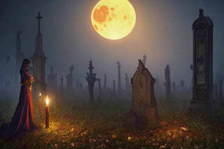 Image similar to an ultra detailed animation of a candle in a graveyard at midnight on halloween, digital art, dark fantasy, concept art, soulslike, by alphonse mucha, blood moon eclipse, ruined building in the background, artstation, 8 k, unreal engine render