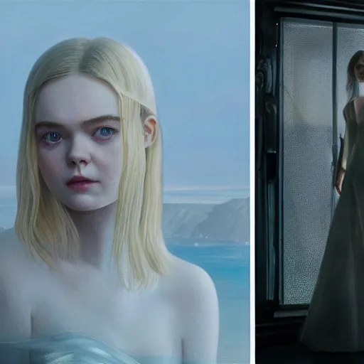 Prompt: Elle Fanning in Santorini in the world of Adam Wyeth, head and shoulders, stormy weather, extremely detailed masterpiece, oil on canvas, low-key neon lighting, artstation, Blade Runner 2049, Roger Deakin’s cinematography, by J. C. Leyendecker and Peter Paul Rubens and Edward Hopper and Michael Sowa,