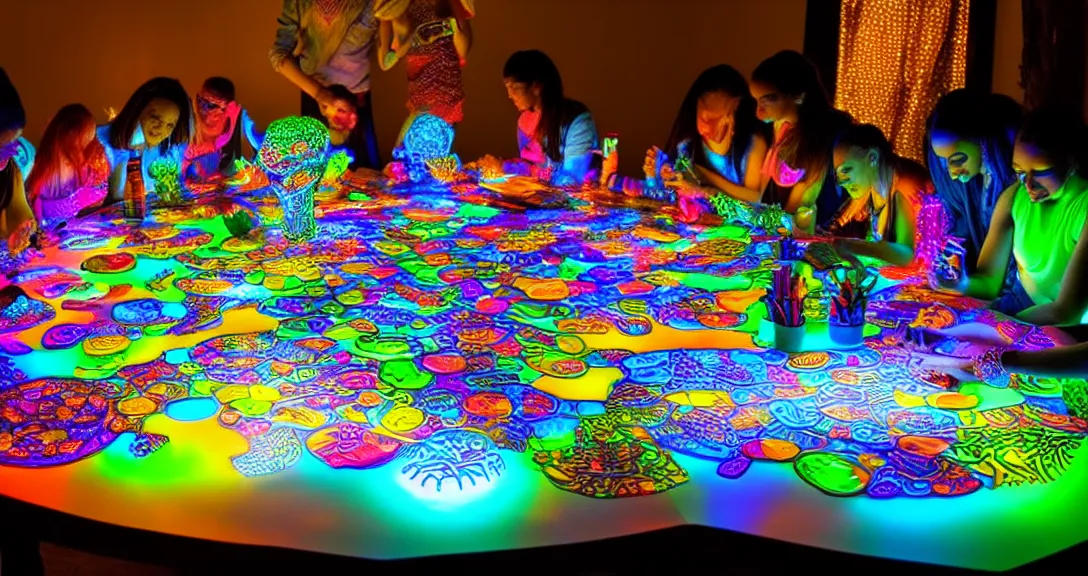 Image similar to creativity, 13 diverse creatives on one_side of a reflective !creativity table, inticrate detailed glowing ideas, highly detailed, dramatic lighting, fine details, high details, beautiful lighting