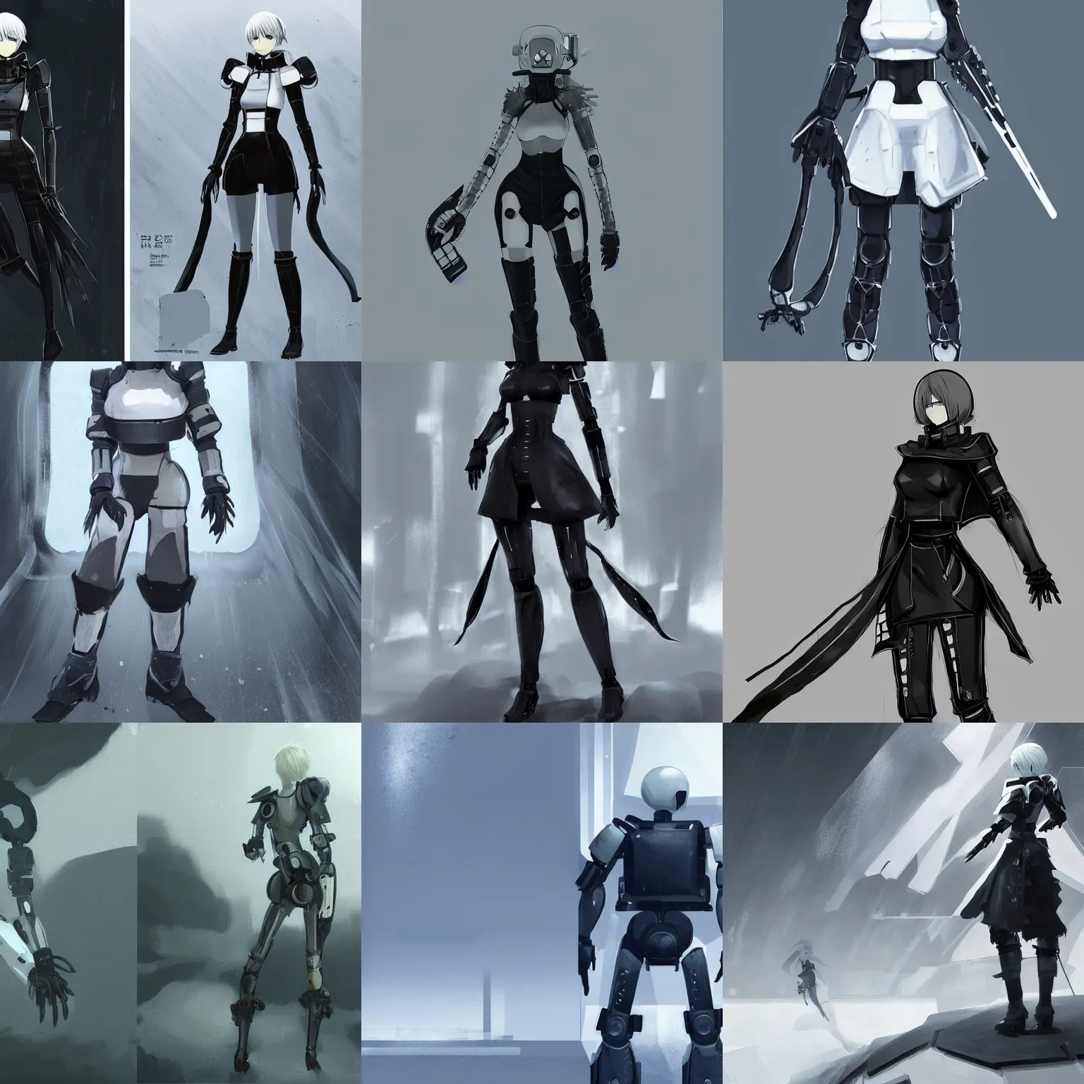 Prompt: humanoid Mech, pristine white paneling, black hardware, tarpaulin cloak!! in tundra environment!!!, Nier:Automata style character concept art, highly detailed!!!, tundra background