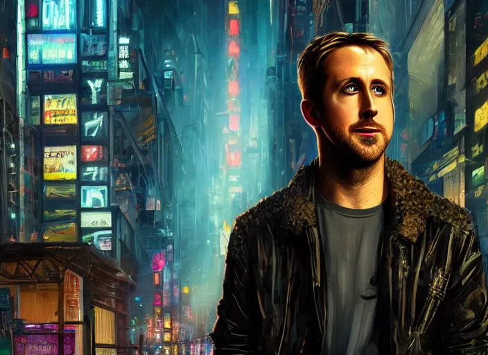 Prompt: An oil painting of Ryan Gosling in a cyberpunk city, foggy and raining, hyper detailed, super realistic, 4k, trending on artstation, octane render, art by artgerm and greg rutkowski and alphonse mucha and craig mullins and James Jean and Andrei Riabovitchev and Marc Simonetti and peter mohrbacher,
