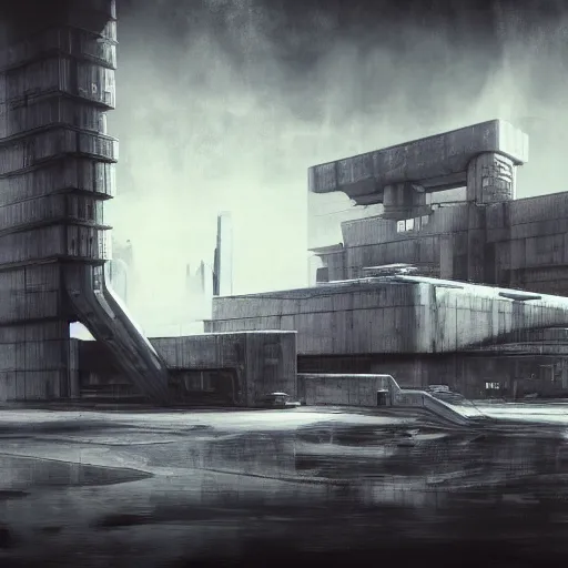 Image similar to scifi brutalist industrial complex, photorealistic