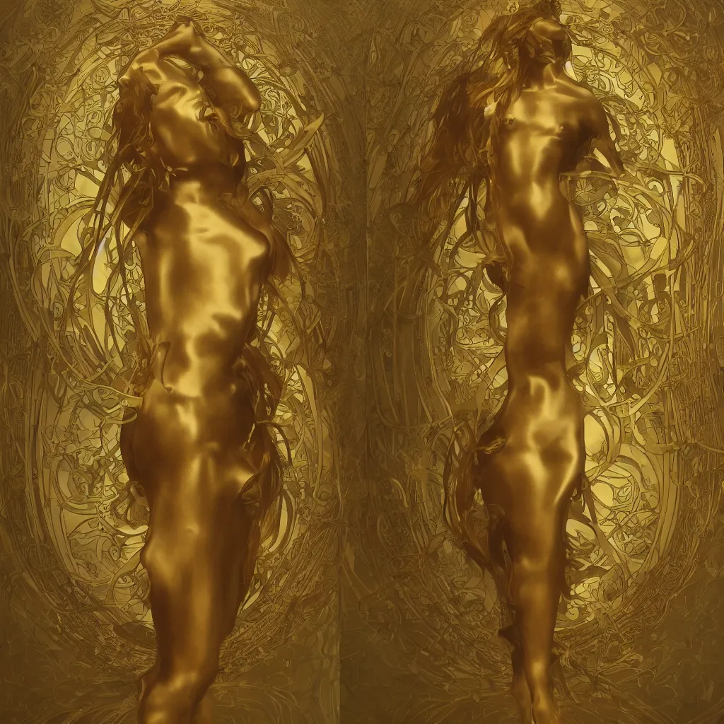 Image similar to human body made of thin golden Art Nouveau, Alphonse Mucha, cinematic realistic photo, octane render