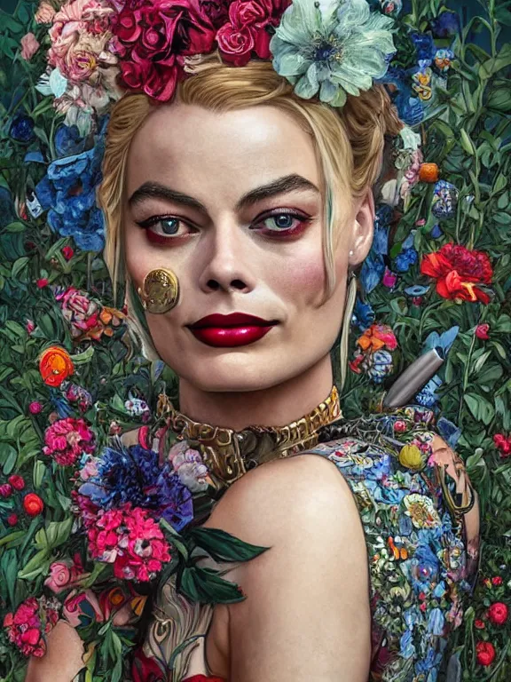 Image similar to a 60mm portrait of margot robbie harley quinn between embellished pattern and huge flower bushes,by Ekaterina Belinskaya,tom bagshaw,Cedric Peyravernay,Bella Kotak,marie spartali Stillman,Marianne North,William Morris,GUCCI,trending on pinterest,dark fantasy,maximalist,glittering,feminine