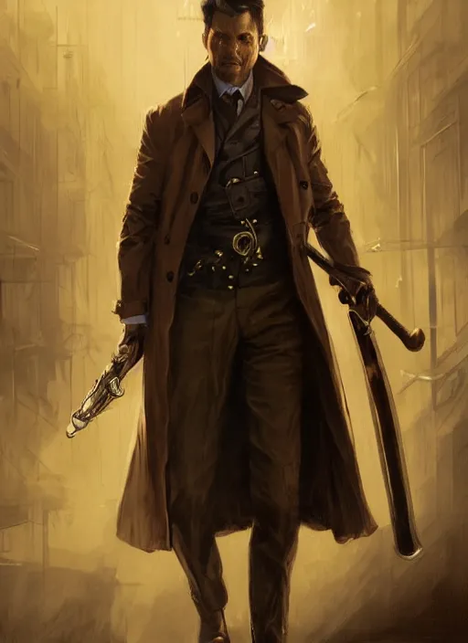 Image similar to portrait of a detective wearing trench coat and smoking puro, holding a sword, victorian, concept art, detailed face, fantasy, close up face, highly detailed, cinematic lighting, digital art painting by greg rutkowski