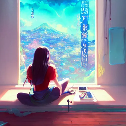 Prompt: lo-fi colorful masterpiece by Ross Tran, WLOP, Dan Mumford, Christophe Vacher, painting, asian girl, with headphones, studyng in bedroom, window with Tokyo view, lo-fi illustration style, by WLOP, by loish, by apofis, alive colors