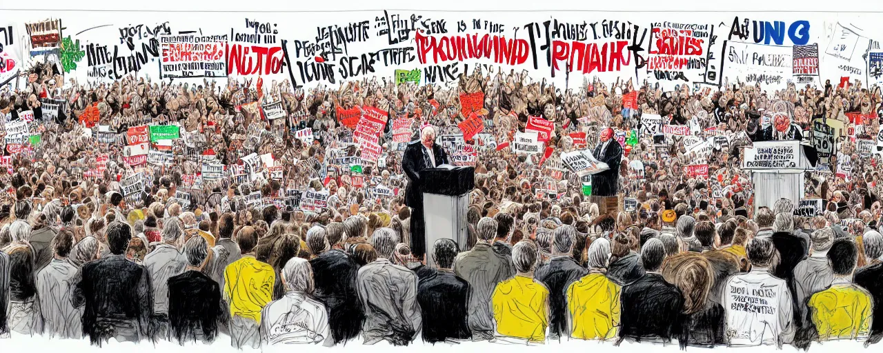 Image similar to an political caricature of politician at a podium surrounded by a crowd of angry protestors with signs, by gerald scarf and ralph steadman, illustration, ink drips, front angle, ink splatters, pen and ink, flat color, drawing, facing front, anatomically correct, beautiful perfect face, sharp focus, highly detailed, cinematic lighting, 8 k, hd