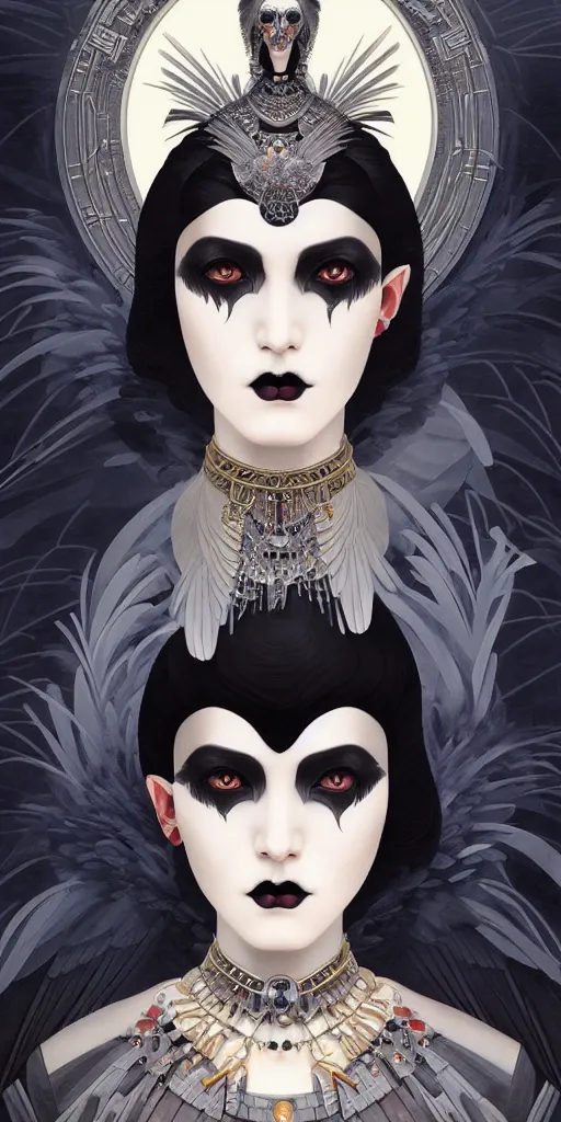 Image similar to breathtaking detailed concept art painting art deco portrait of a goth goddess amalgamation raven, by hsiao - ron cheng, bizarre compositions, exquisite detail, extremely moody lighting, 8 k