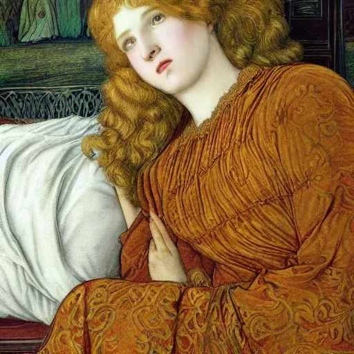 Prompt: preraphaelite photography reclining on bed, large downslanted eyes, large lips, big brown fringe, yellow ochre ornate medieval dress, charles sillem lidderdale, william morris, 4 k