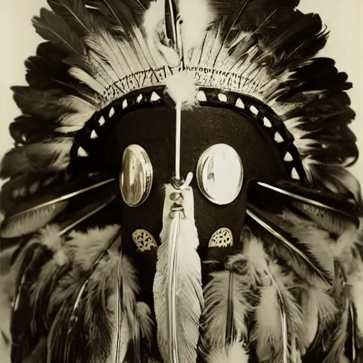 Image similar to vintage photo of futuristic native american shaman mask with chrome scales and gold feather plumes by edward s curtis