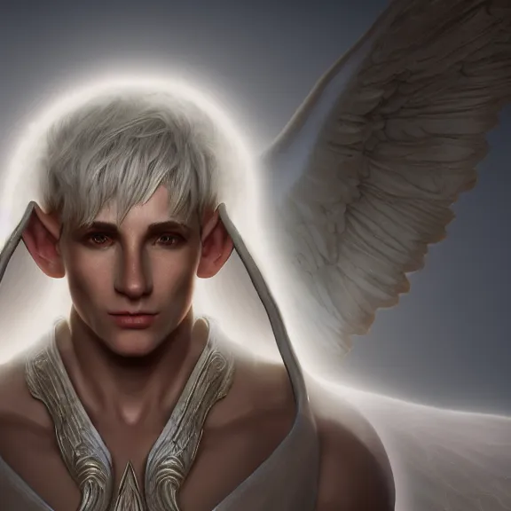 Image similar to a portrait of a glowing enchanted hard angelic heavenly male elf made of stone in heaven, fantasy, octane render, unreal engine, artstation, digital painting.