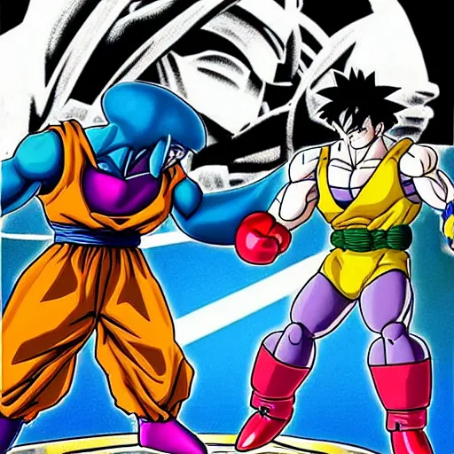 Prompt: fighting between rocky balboa and cell from dragon ball z, in the style of lero neiman