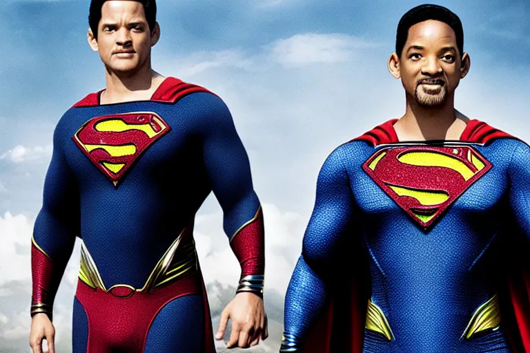 Image similar to promotional image of will smith as superman in the new superman movie, detailed face, movie still frame, promotional image, imax 70 mm footage