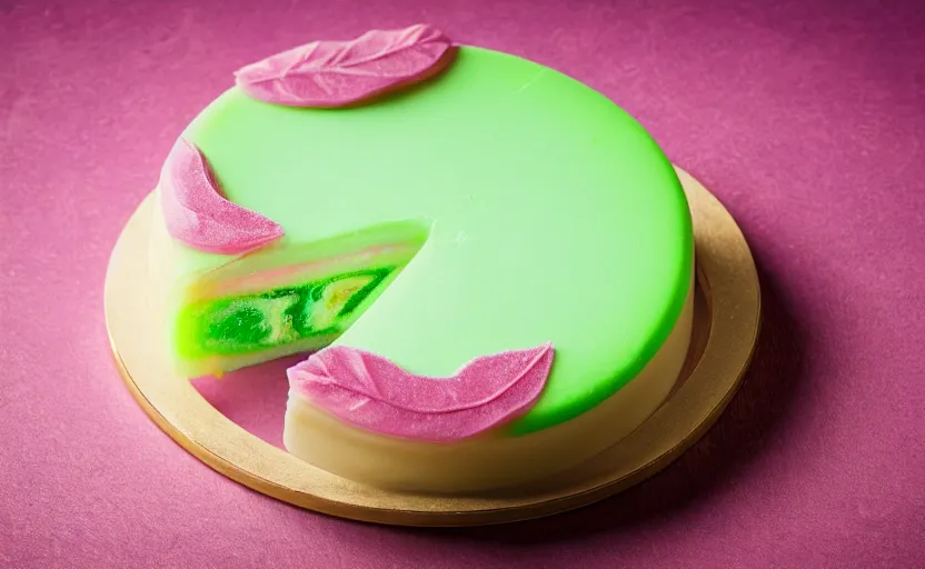 Image similar to A photo of a swedish princess cake from the side on a wooden table, covered with pink marzipan, some powder sugar and a green marzipan leaf in the center. Sunset. 4K. Cinematic lighting. High detail. Realistic. Delicious.