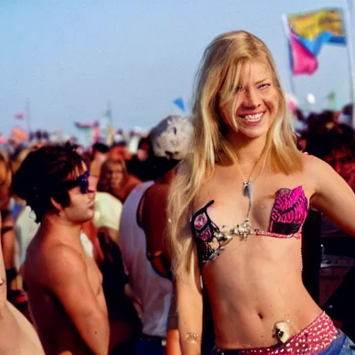 Prompt: blonde beautiful girl looking flirty at woodstock 99