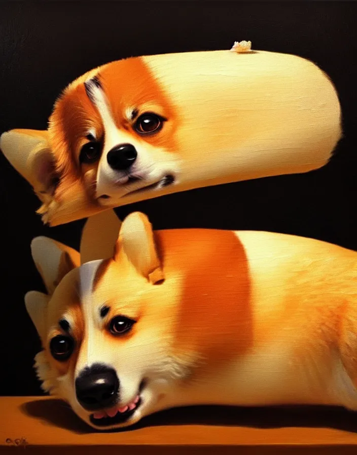 Prompt: a royal portrait of a corgi as a loaf of bread, oil on canvas, highly detailed, cinematic lighting, pretty