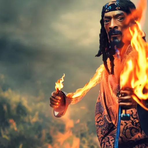 Image similar to cinematic film still of Snoop Dogg starring as a Samurai holding fire, Japanese CGI, VFX, 2022, 40mm lens, shallow depth of field, film photography