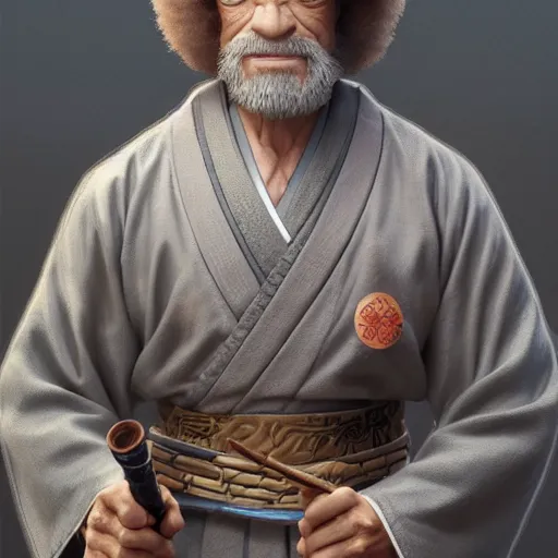 Image similar to an ultra detailed matte painting of bob ross smoking a pipe and dressed as a wandering samurai, edo japan, concept art by jeong seon and greg rutkowski, octane render, 8 k, detailed face