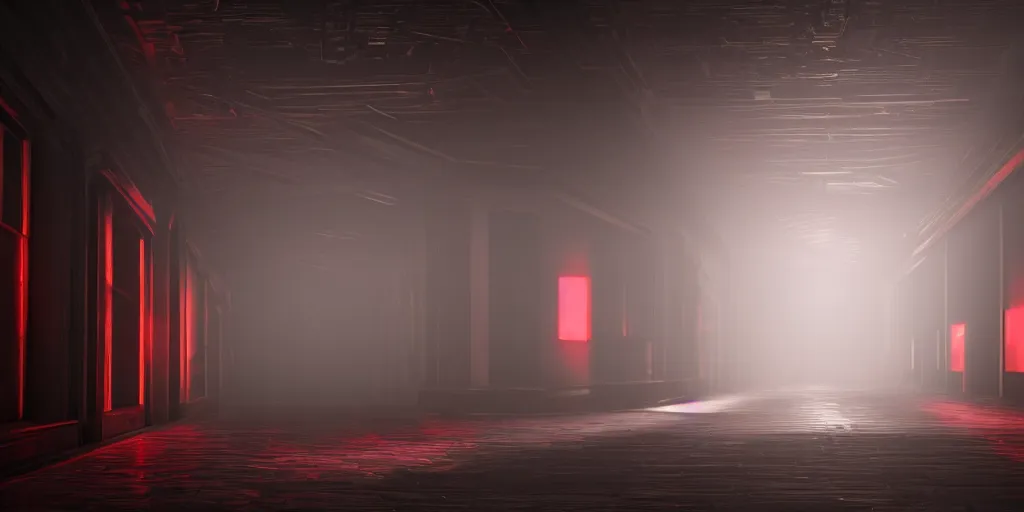 Prompt: a long angle shot of a big dark room with white lights on the celling and a long hallway at the end of the room with red lights on the celling, highly detailed, unreal engine, 4 k, dark, moody, foggy, game render, hyper realistic