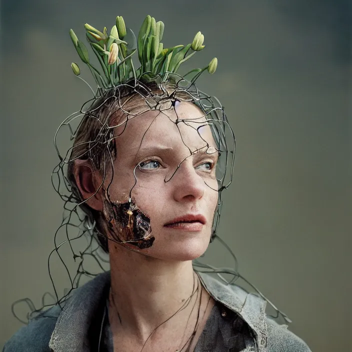 Image similar to closeup portrait of a woman with wire and lilies growing out of her face, standing in a desolate apocalyptic city, by Annie Leibovitz and Steve McCurry, natural light, detailed face, CANON Eos C300, ƒ1.8, 35mm, 8K, medium-format print