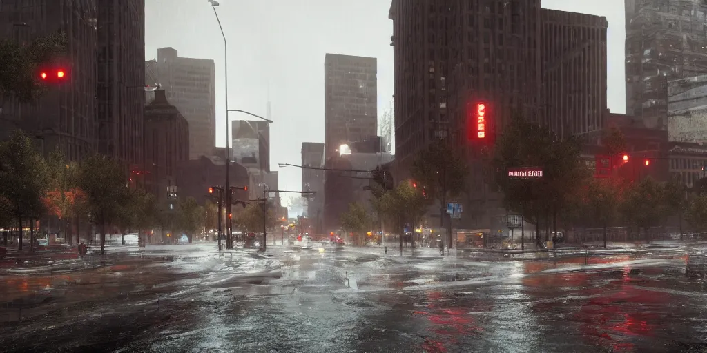 Prompt: bourgeois exploitation of downtown denver with heavy rain, cinematic, ultra - realistic, ultra - detailed, octane render, unreal engine 5, depth of field