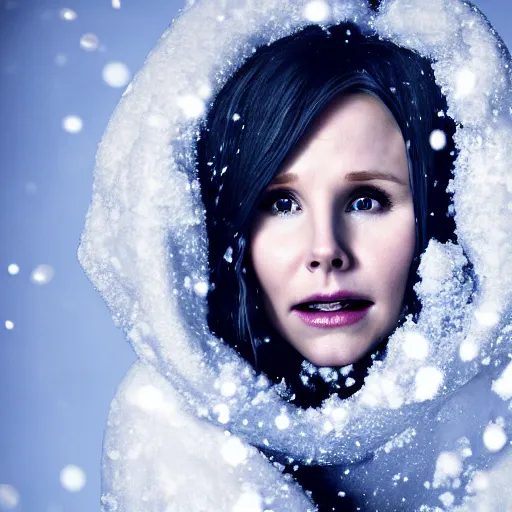 Image similar to Kristen Bell as a snow goddess covered in snow, grungy, unkept hair, glowing eyes, winter, modelsociety, radiant skin, huge anime eyes, RTX on, bright on black, dramatic, studio lighting, perfect face, intricate, Sony a7R IV, symmetric balance, polarizing filter, Photolab, Lightroom, 4K, Dolby Vision, Photography Award