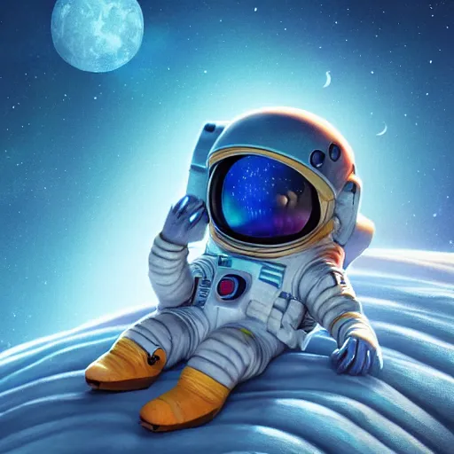 Prompt: tiny astronaut sleeping in bed on moon, time machine, ice, bioluminescence, vegetation, colorful, rim light, highly detailed, tilt shift, digital painting, concept art, smooth, sharp focus, pleasing aesthetics, 3 d render, octane render, disney pixar, 4 k