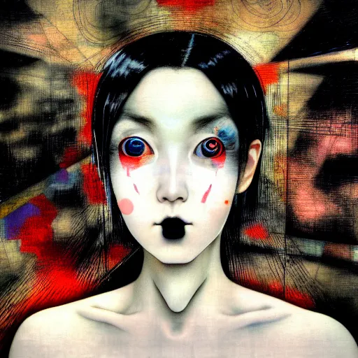 Image similar to yoshitaka amano blurred and dreamy realistic three quarter angle portrait of a young woman with black lipstick and black eyes wearing office suit with tie, junji ito abstract patterns in the background, satoshi kon anime, noisy film grain effect, highly detailed, renaissance oil painting, weird portrait angle, blurred lost edges