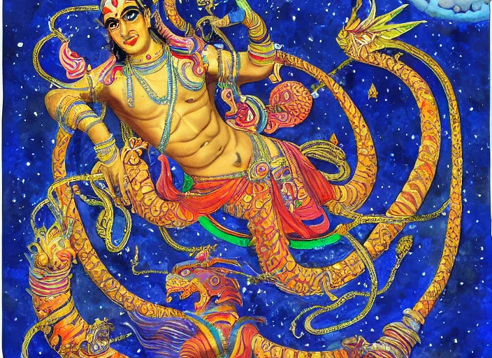 Prompt: vishnu reclining under a cobra with many heads, adishesha, floating across the cosmic ocean, an absurdly detailed watercolor painting, trending on pixiv and artstation, hindu cosmology, inspired by android jones
