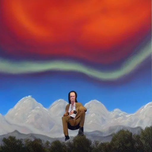 Prompt: a hyper realistic painting of nick cave floating in the sky above mountains