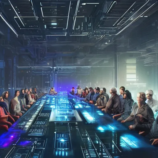 Image similar to large group people in a huge warehouse, gathered around a hologram of futuristic city on a table | cinematic concept art | godrays | 4 k | clear details | tabletop | tabletop