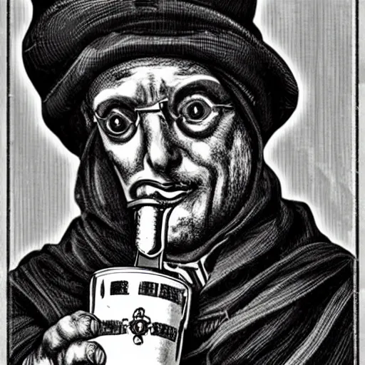 Image similar to photo of the steampunk Pope drinking a beer, 50mm, beautiful photo