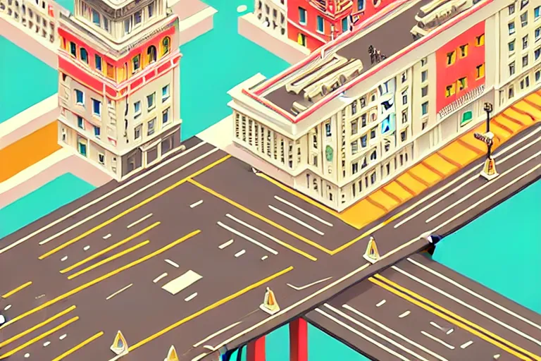 Image similar to highly detailed isometric illustration of a city scape by Wes Anderson, hyperrealistic, photorealistic, artstyle, highly detailed, sharp