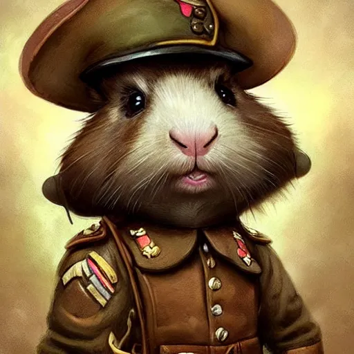 Image similar to cute little anthropomorphic Guinea Pig ww1 soldier, tiny, small, short, military outfit, cute and adorable, pretty, beautiful, DnD character art portrait, matte fantasy painting, DeviantArt Artstation, by Jason Felix by Steve Argyle by Tyler Jacobson by Peter Mohrbacher, cinema