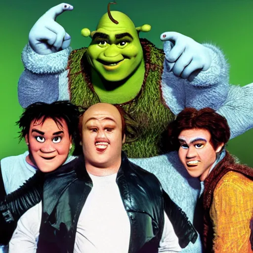 Prompt: shrek 1 9 8 0 s pop band, detailed facial expressions, surrealism aesthetic
