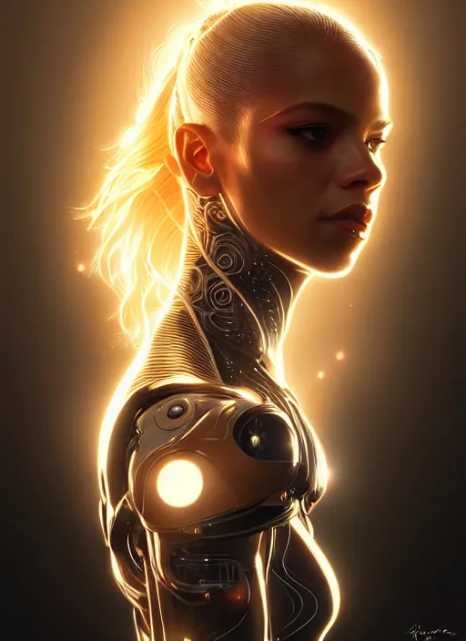 Image similar to portrait of female cyborg, shakira, intricate, elegant, glowing lines of light, highly detailed, digital painting, artstation, glamor pose, concept art, smooth, sharp focus, illustration, epic angle, art by artgerm and greg rutkowski, artey freytag