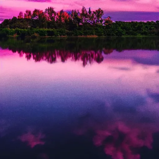 Image similar to dusk with pink and lavender sky with light pink clouds on a lake reflecting the pink sky dreamland